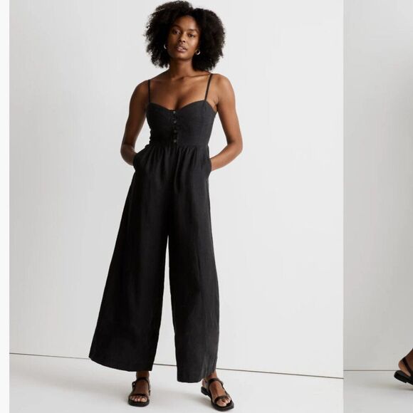 Madewell | Gray Linen Smocked Button Front Jumpsuit Size 0 - Picture 1 of 10